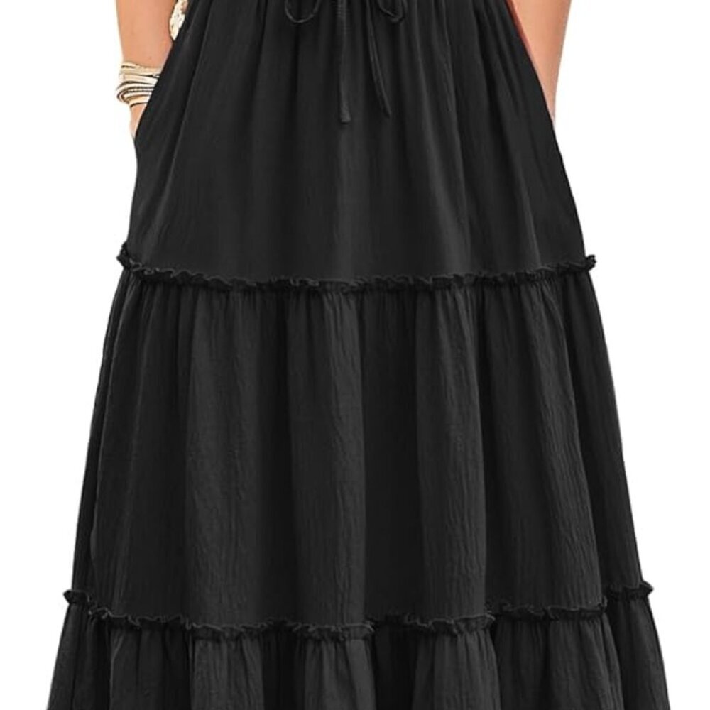 Women's Summer Maxi Skirt Trendy High Waist Pleated Ruffle Long Skirts Flowy Bea